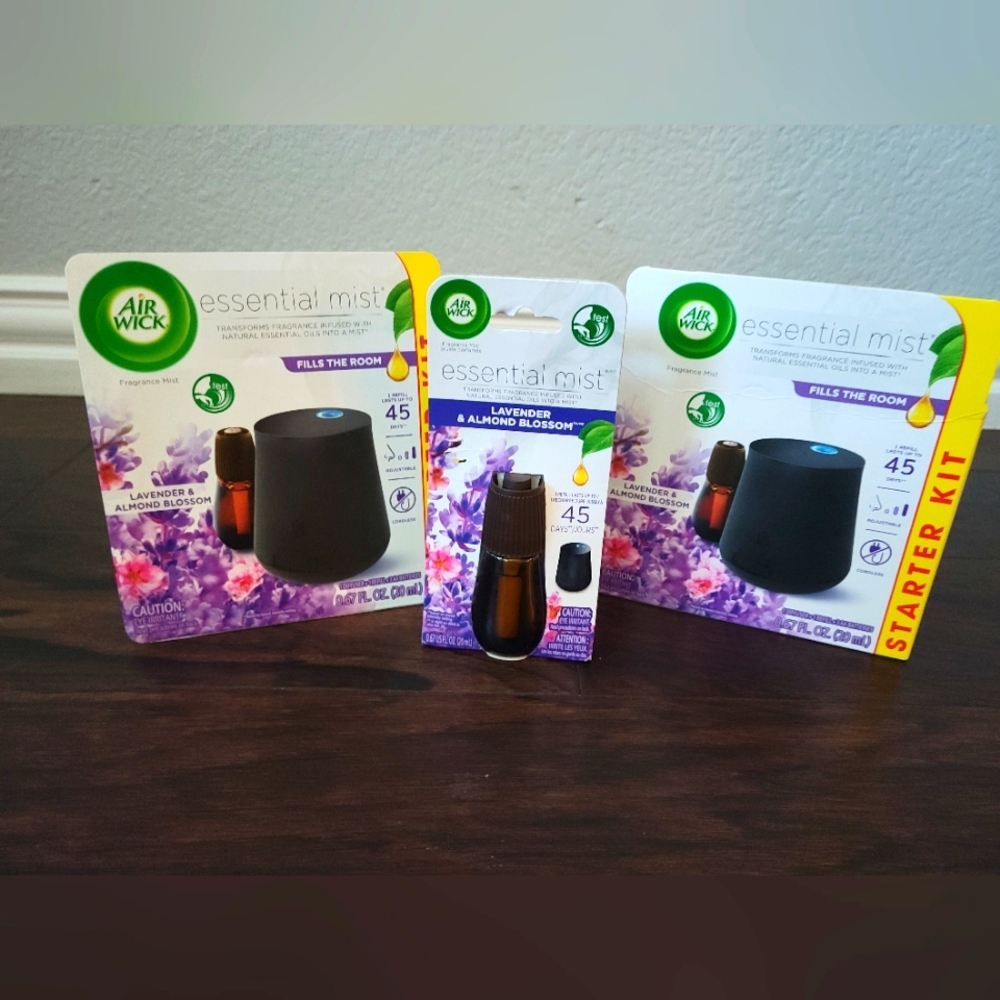Air Wick Essential Mist - 2 Lavender & Almond Blossom starter kits and 1 refill.